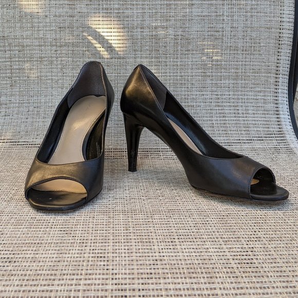 Via Spiga Black Leather Peep Toe Pumps - Picture 1 of 4
